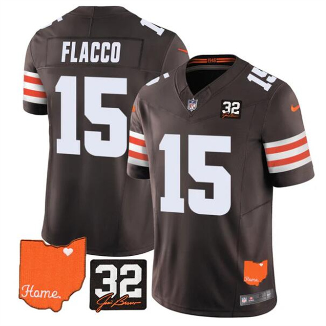 Men's Cleveland Browns #15 Joe Flacco Brown 2025 F.U.S.E. With Jim Brown Memorial & Home Patch Vapor Limited Stitched Football Jersey